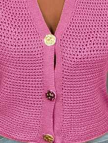 BamGleam New Green Metal Large Button V-Neck Sweater Vest, Hollow Out Cardigan, Casual Sexy Minimalist Sweater Vest For Autumn, Winter, Spring - Pink - View 5