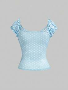 ROMWE Kawaii 女士夏季套装，2件套，V领蝴蝶结装饰撞色波点蕾丝拼接修身上衣和裙子 - 藍色 - 查看 7