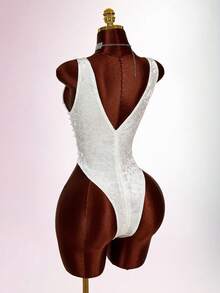 Amplova Áo liền thân gợi cảm thời trang cổ khoét sâu, màu trơn, đính ngọc trai giả dành cho nữ. - trắng - Xem 5