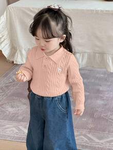 DAZY 女婴纯色半拉链长袖麻花休闲毛衣 幼儿女童服装 - 粉色 - 查看 3