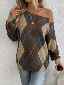 EMERY ROSE Áo len nữ trễ vai dáng rộng họa tiết Argyle kiểu Preppy - Ấm áp và thời trang, chất liệu dệt kim phong cách Bohemian cho mùa xuân và thu/đông, hoàn hảo cho các buổi đi chơi, du lịch, nghỉ mát, mặc ở nhà, thư viện, trường học và làm quà tặng. - Nhiều màu - Xem 4