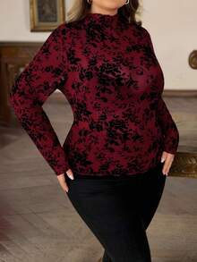 SHEIN CURVE+ 女士加大码印花透视高领网纱上衣（不含胸罩），适合都市通勤、商务休闲、办公室穿着，优雅百搭，也适合圣诞派对、新年庆祝活动，红色上衣 - 紅色 - 查看 4