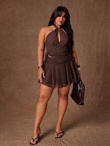 Rustia Plus Size Women 2-Piece Set: Solid Color Cutout Side Halter Top And Contrast Lace Midi Skirt, Fashionable - Purple - View 2