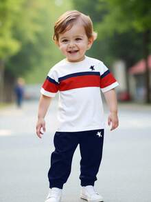 Baby Boys' Casual Striped Pattern Round Neck Short Sleeve Top And Pants Set - Multicolor - View 6