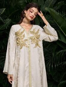 Al Najma 新款中东风格女士晚礼服，刺绣拼接，立体刺绣，撞色刺绣饰边，长款束腰外衣 - 白色 - 查看 5