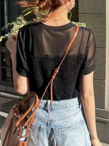 FRIFUL Camiseta de mujer de verano de unicolor, con parches de malla transparente, ajuste ceñido y versátil - Negro - Ver 3