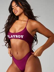 Missguided x Playboy One Piece Monokini Swimsuit With Cut Out Sides And Halter Neck Strap Design For Beach Pool Summer Vacation - Red Violet - View 3