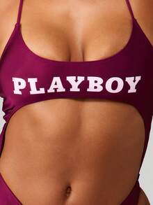 Missguided x Playboy One Piece Monokini Swimsuit With Cut Out Sides And Halter Neck Strap Design For Beach Pool Summer Vacation - Red Violet - View 4