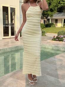 DAZY 女士无袖吊带纹理连衣裙，女士度假邮轮夏季连衣裙 - 黃色 - 查看 4