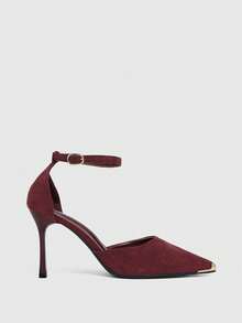 CUCCOO SZL Women's Fashion Pointed Toe Suede Metal Toe Evening Party Wedding Sexy Hollow Out Stiletto High Heel Pumps - Burgundy - View 2