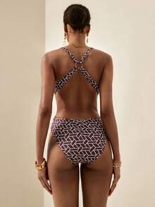 Écloséra 1pc Women's Backless Silver Metal Ring Tie Front One-Piece Swimsuit