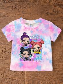 两件套少女休闲韩系卡通扎染图案短袖针织T恤和配套扎染短裤套装，少女日常假日休闲舒适针织套装，夏季运动时尚套装 - 彩色 - 查看 4