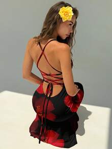 Aloruh 女士优雅印花露背吊带连衣裙，适合夏季，印花图案，度假连衣裙，沙滩连衣裙 - 彩色 - 查看 8