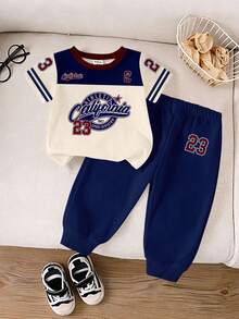 1 Set Young Boys Casual Sports Style Numeric 23 & California Letter Print Colorblock Round Neck Short Sleeve T-Shirt And Pants Set, Knit Outfit Suitable For Everyday Wear And Sports - Multicolor - View 3