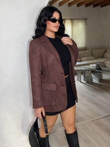 Dayanna Comas Faux Suede Multi-Pocket Long Sleeve Elegant Blazer Jacket - Brown - View 6