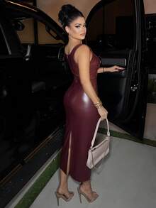 Dayanna Comas 女士优雅酒红色无袖修身 PU 连衣裙 - 酒紅色 - 查看 2