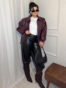 Dayanna Comas 女式纯色长袖拉链领休闲 PU 皮夹克，秋季，女式皮夹克，酒红色皮夹克，超大皮夹克 - 酒紅色 - 查看 3