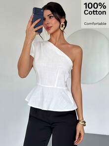 Firerie 女士优雅通勤不对称腰部露肩100%纯棉衬衫 - 白色 - 查看 4