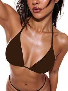Swim Basics Top de bikini de unicolor con atar en la espalda, adecuado para la playa en verano - Marrón - Ver 4