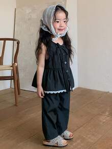 DAZY 2pcs Baby Girls Lace Ruffle Trim Sleeveless Shirt & Pants Set - Grey - View 8