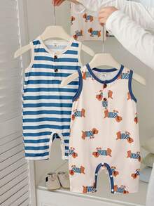 Vintaside Kids Baby Boys Cute Sleeveless Round Neck Short Romper Set With Striped And Dog Print Contrast Piping - Multicolor - View 5
