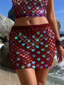 Opulessa Minigonna elegante lavorata a maglia con paillettes e rete, adatta per vacanze al mare, casual, vacanze estive, vacanze per donne, elegante, uscite, feste, spiaggia per donne, vacanze estive, carnevale - Bordò - Visualizzare 1