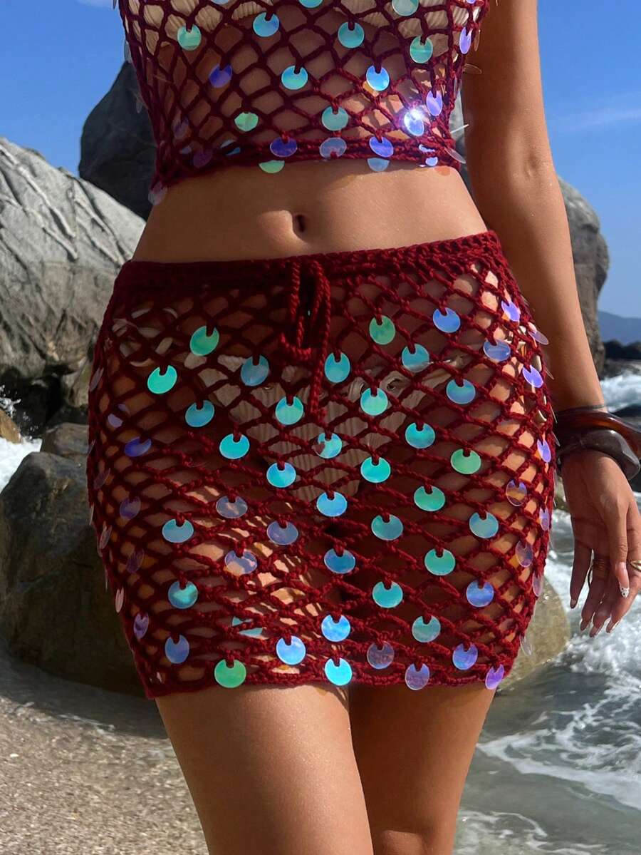Opulessa Minigonna elegante lavorata a maglia con paillettes e rete, adatta per vacanze al mare, casual, vacanze estive, vacanze per donne, elegante, uscite, feste, spiaggia per donne, vacanze estive, carnevale - Bordò - Visualizzare 1