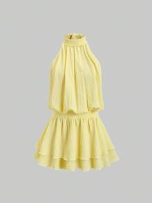 Sweetra 女士纹理针织露背吊带系带浪漫优雅度假连衣裙，春秋季 - 黃色 - 查看 1