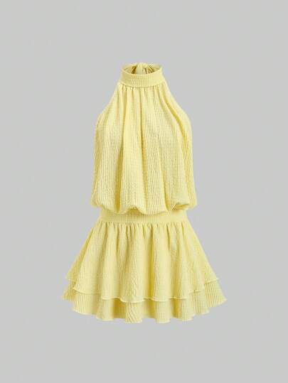 Sweetra Damklänning med texturerad stickning, rygglös halterneck och knytband, romantisk och elegant semesterklänning, vår/höst