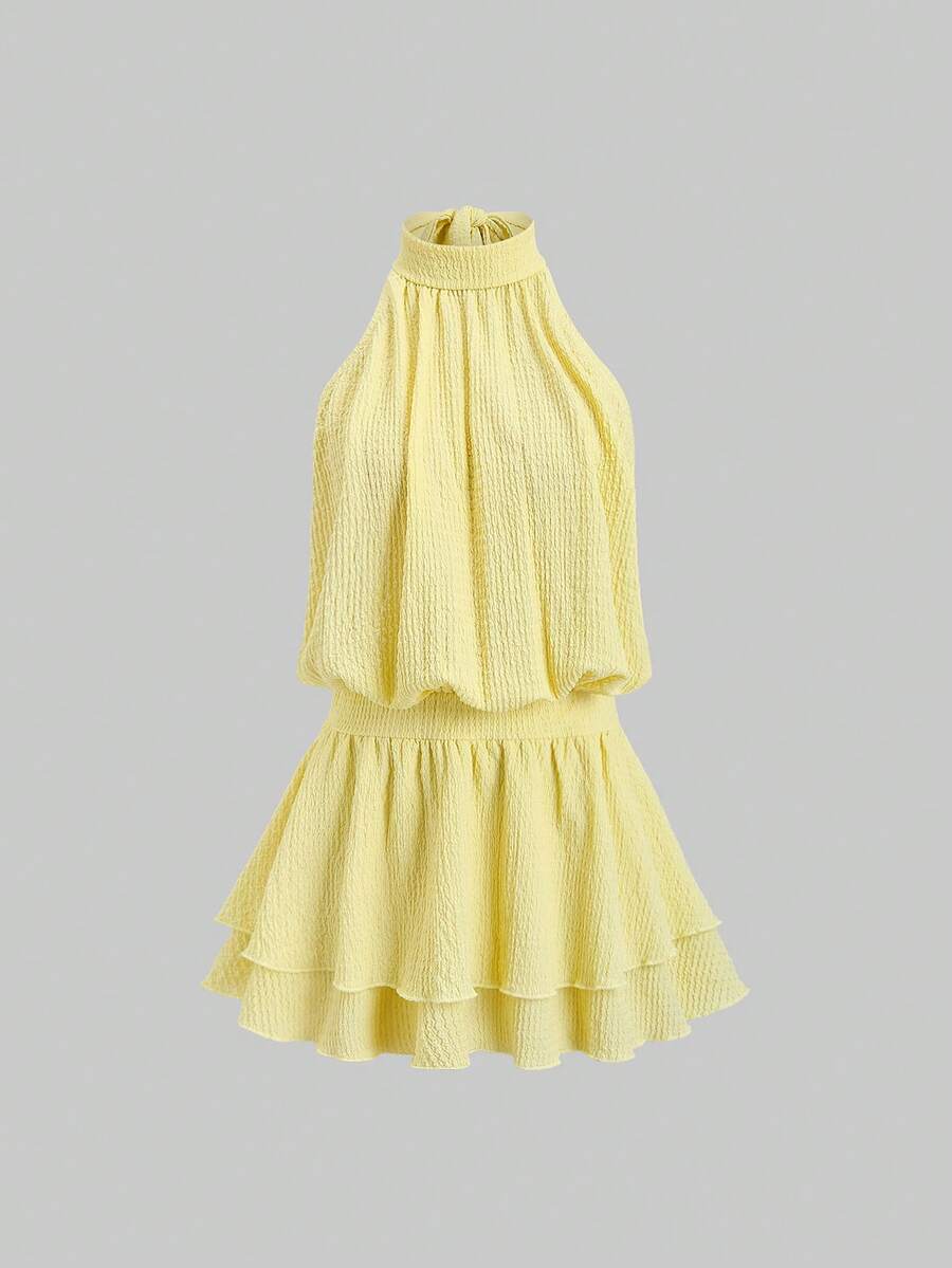 Sweetra 女士纹理针织露背吊带系带浪漫优雅度假连衣裙，春秋季 - 黃色 - 查看 1