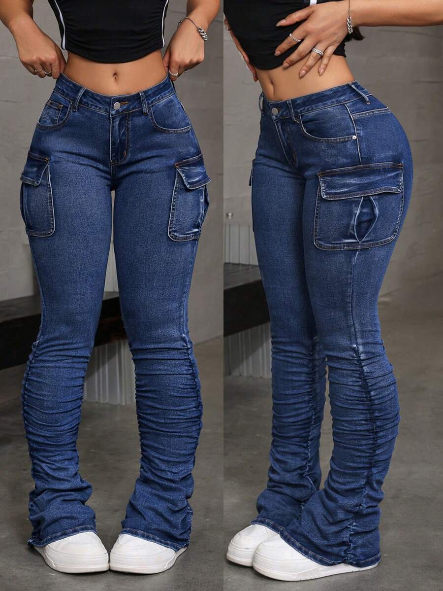 Flirla Plus Size Flared Casual Streetwear Jeans Occasion Navy Blue Summer - Blue - View 1