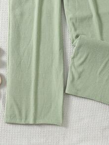 SHEIN Teen Girls Green Oblique Shoulder Jumpsuit, Textured Fabric, Cinched Waist, Layered Collar, Vacation Romper - Green - View 5