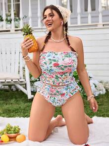 Swim Mod Plus Size Women Floral Print Bandeau Swimsuit Set, Suitable For Beach Vacation, Spring/Summer - Multicolor - View 5