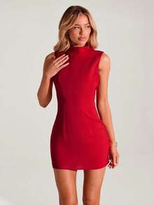 SHEIN Glamour 时尚优雅的红色编织无袖露背拼接连衣裙，适合单身派对、婚礼等场合穿着。 - 紅色 - 查看 5