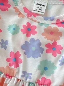 SHEIN 2pcs Newborn Baby Girls Floral Print Round Neck Cap Sleeve Solid Color Pink Casual Waisted Cute Mini Dress, Suitable For Summer Outings Or Travel - Pink - View 8