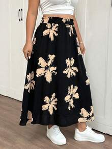 SHEIN Frenchy 大码休闲度假风印花A字开衩裙 - 黑色 - 查看 5