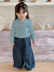 DAZY Toddler Girls' Solid Color Minimalist Everyday Polo Neck Long Sleeve Sweater - Blue - View 4