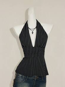SHEIN ICON Halter Deep V-Neck Cinched Waist A-Line Backless Striped Tank Top - Dark Green - View 4