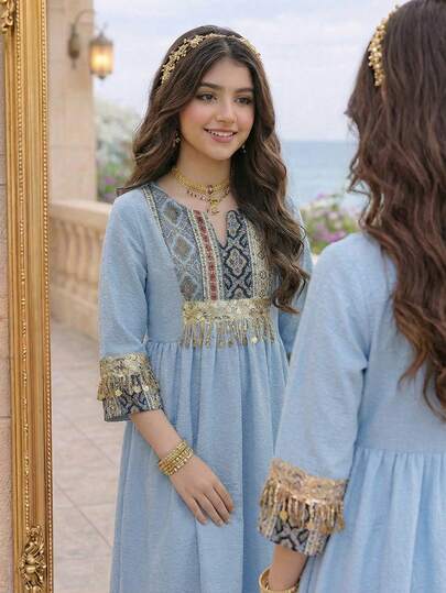 SHEIN Tween Girl Loose Elegant V-Neck Pattern Patchwork Solid Color Dress