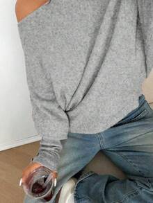 Sunnyshic Plus Size Sexy Off-Shoulder Solid Color Knit Sweater - Grey - View 7