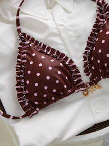 Swim Mod 女士夏季新款沙滩度假时尚甜美可爱波点条纹撞色印花荷叶边性感露背吊带比基尼泳衣上装 - 彩色 - 查看 4