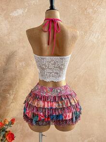 Soleia 女士彩色佩斯利复古印花拼接蕾丝无肩带系带露背吊带背心，休闲、约会、情人节、下午茶、海滩、邮轮、城市度假、音乐节、派对、波西米亚风、嬉皮风、西部风、百搭、日常通勤、仙女风、派对、复古上衣、复古、音乐节、休闲度假吊带背心、波西米亚风度假上衣 - 彩色 - 查看 2