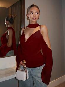 Glamine Charm Choker Neck Cold Shoulder Draped Front Ruched Top Fall Women Clothes Back To School - Burgundy - View 2