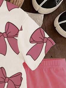 SHEIN 女婴蝴蝶结印花圆领短袖可爱 T 恤和粉色针织打底裤 2 件套 - 粉色 - 查看 5