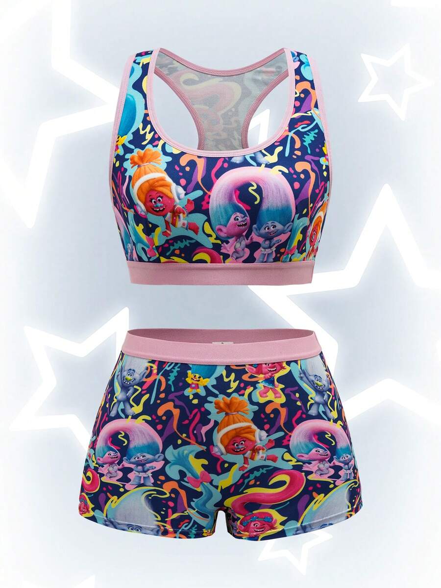 Trolls X SHEIN Bộ áo ngực và quần lót không dây họa tiết hoạt hình mềm mại thoải mái cho nữ - Hồng - Xem 1