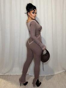 Dayanna Comas Low Neckline Corseted Waist Knit Jumpsuit - Coffee Brown - View 2