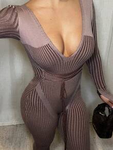 Dayanna Comas Low Neckline Corseted Waist Knit Jumpsuit - Coffee Brown - View 5