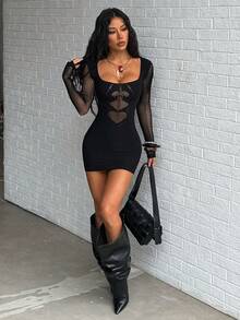 SHEIN Jeanoir 女士性感黑色长袖迷你紧身连衣裙 - 黑色 - 查看 4