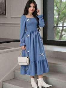 SHEIN Teenage Girls' Elegant Black Mid-Length Dress, Square Neck Puff Sleeve, Bow Waist Pleated Dress, Suitable For Family Gatherings, Parties, And Daily Wear