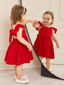 SHEIN Cute Summer Bowknot Hollow Out Red Cap Sleeve Dress For Baby Girl
